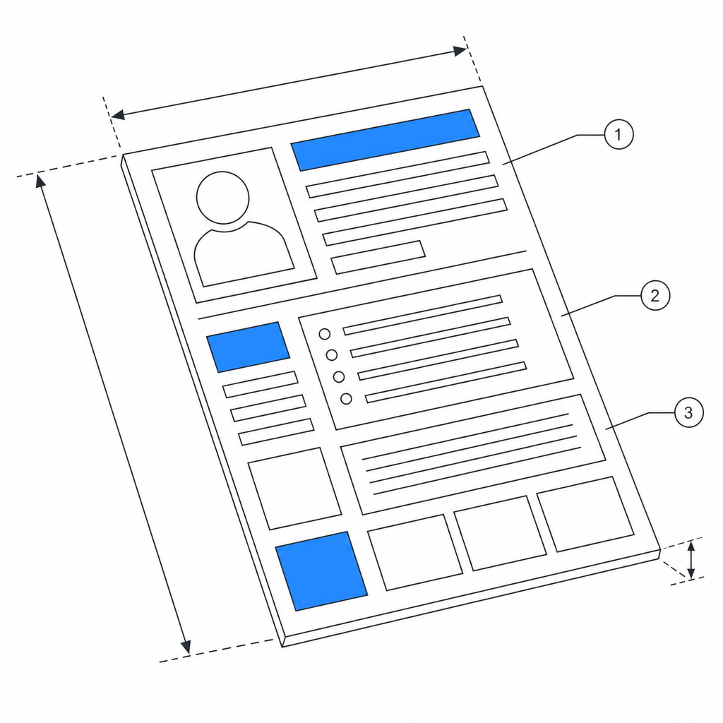 Dessin au trait d'une page de profil LinkedIn annotée de corrections mesurées.